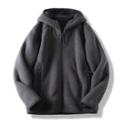 Men's sherpa-lined fleece jacket with hood in dark grey, front view