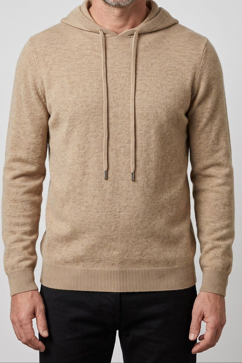 Men's knitted hooded jumper in beige, worn, front view