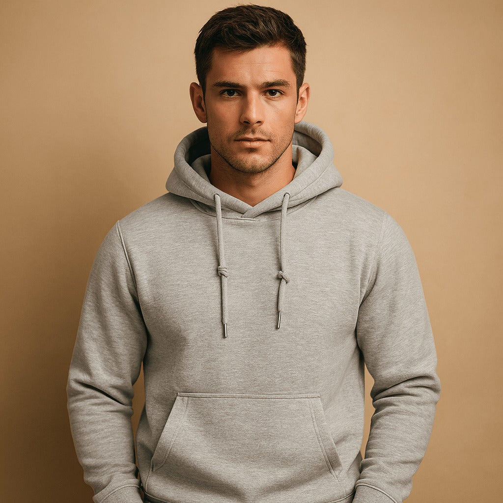 Men's classic drawstring hoodie in light grey, worn, front view
