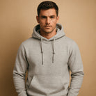 Men's classic drawstring hoodie in light grey, worn, front view