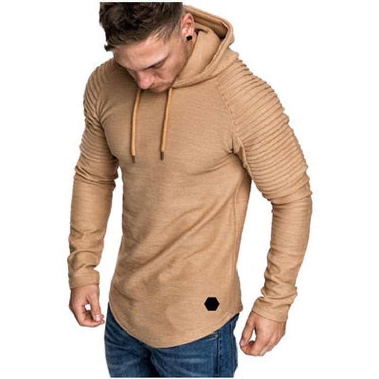 Men's slim-fit hoodie with ribbed sleeves in camel, worn, front view