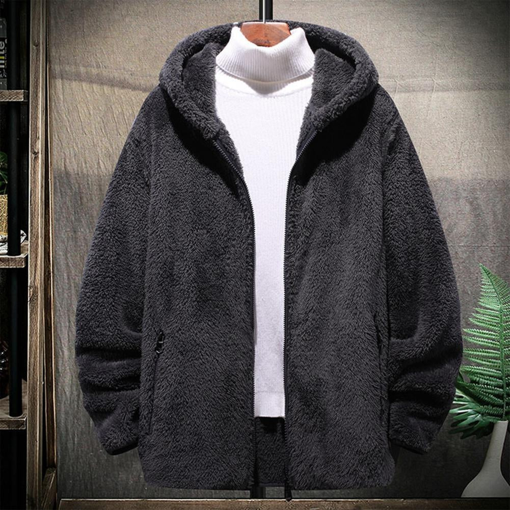 Men's hooded borg jacket in dark grey, on a hanger, front view