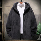 Men's hooded borg jacket in dark grey, on a hanger, front view