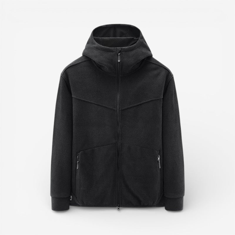 Men's hooded fleece zip jacket in black, front view