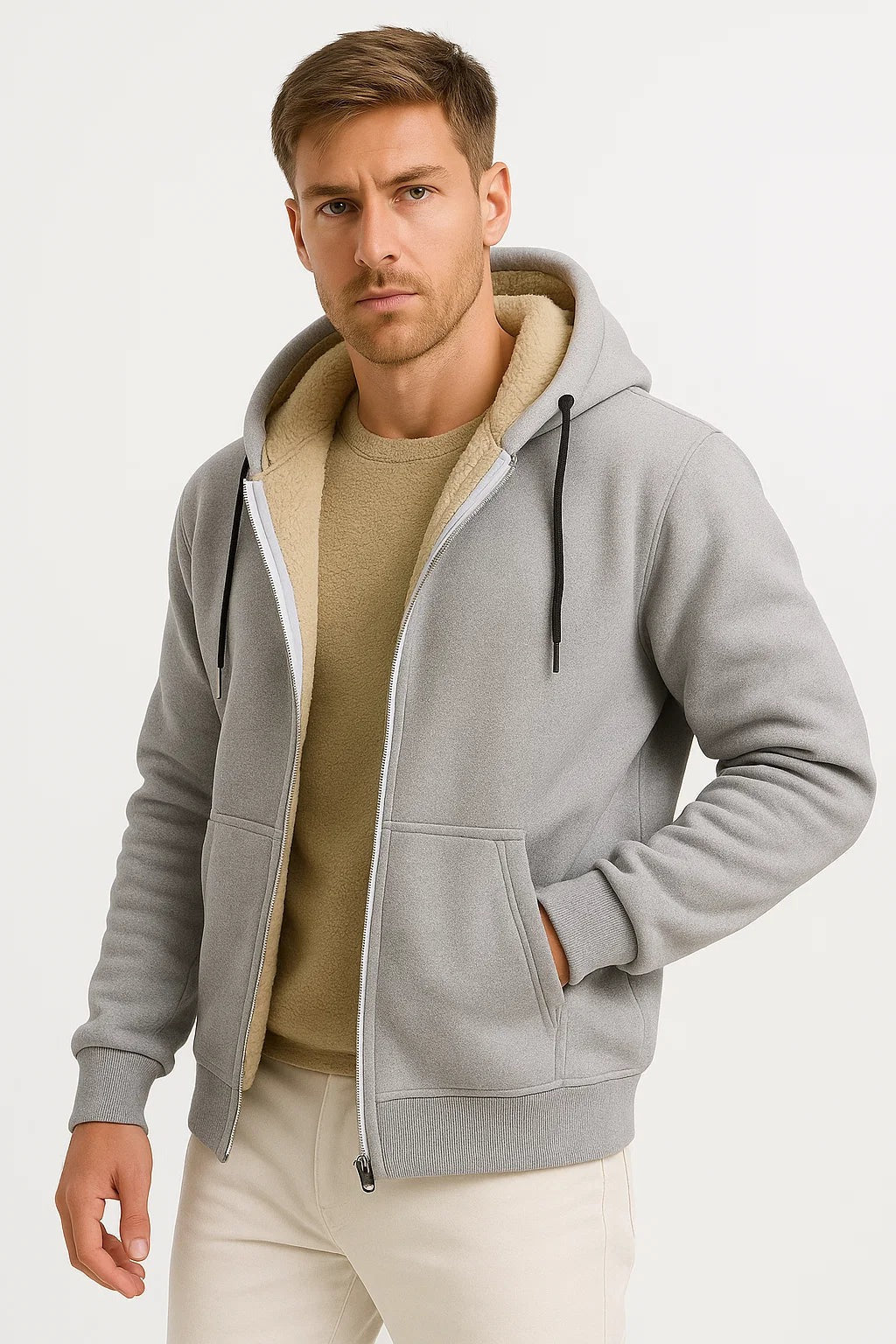 Men's sherpa-lined zip-up hoodie in grey, worn, front view