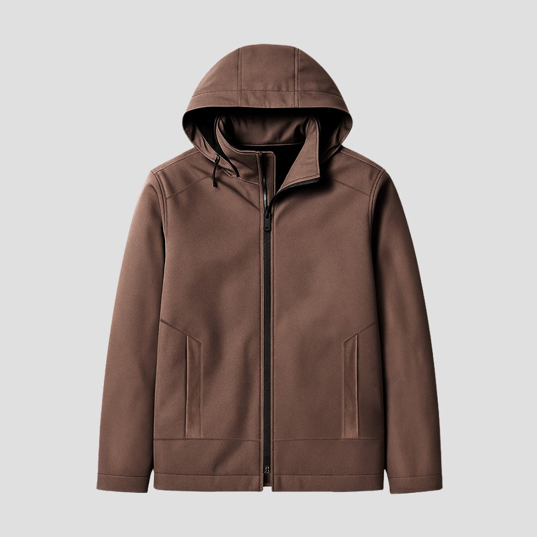 Men's hooded zip jacket in brown, front view