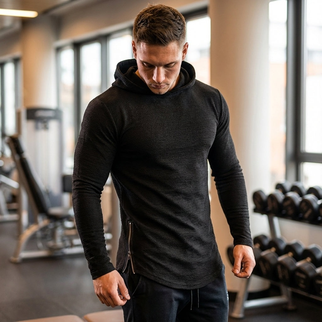 Men's slim-fit gym hoodie in black, worn in the gym