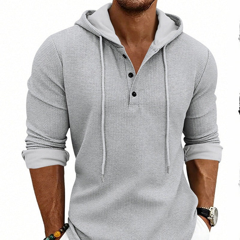 Men's waffle henley hoodie in light grey, worn, front view