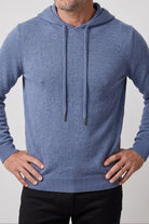 Men's knitted hooded jumper in blue, worn, front view