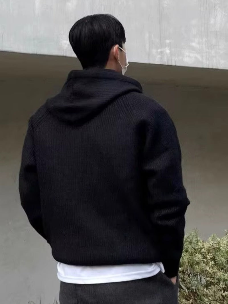 Men's half-zip knit hoodie in black, worn, back view