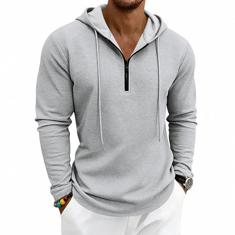 Men's textured quarter-zip hoodie in light grey, worn, front view