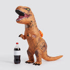 Brown inflatable T-Rex costume standing next to a bottle for scale