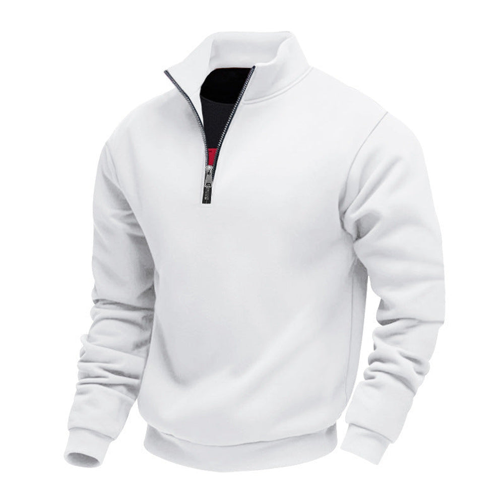 White fleece-lined quarter zip jumper with a stand collar, product shot | Chaps London