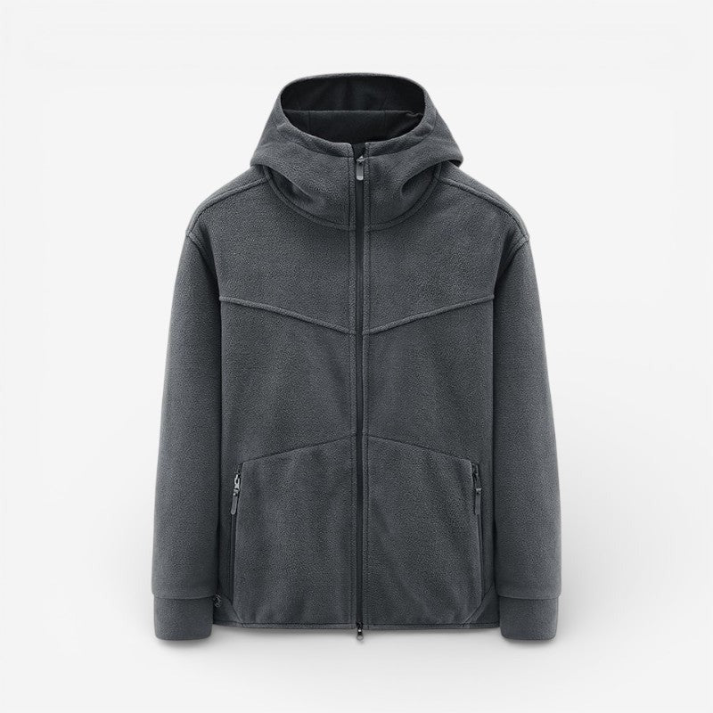 Men's hooded fleece zip jacket in dark grey, front view