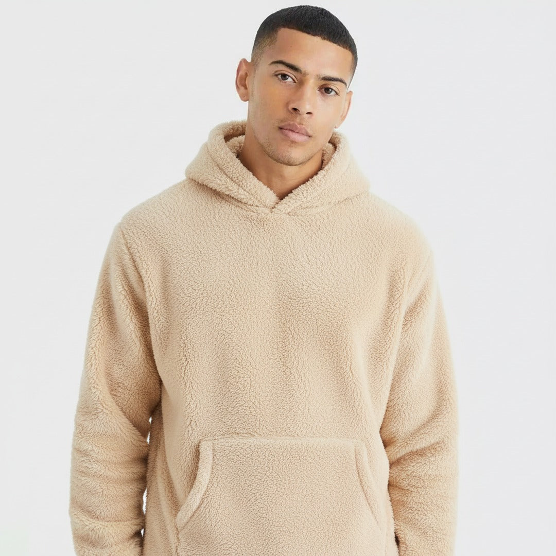 Men's fluffy borg hoodie in beige, worn, front view