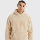 Men's fluffy borg hoodie in beige, worn, front view