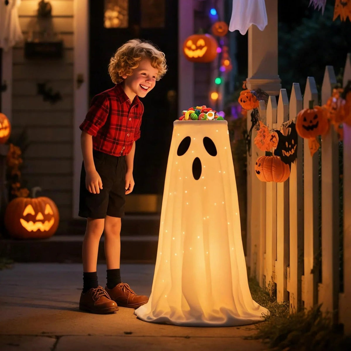Boy next to the glowing ghost sweet bowl by the garden fence