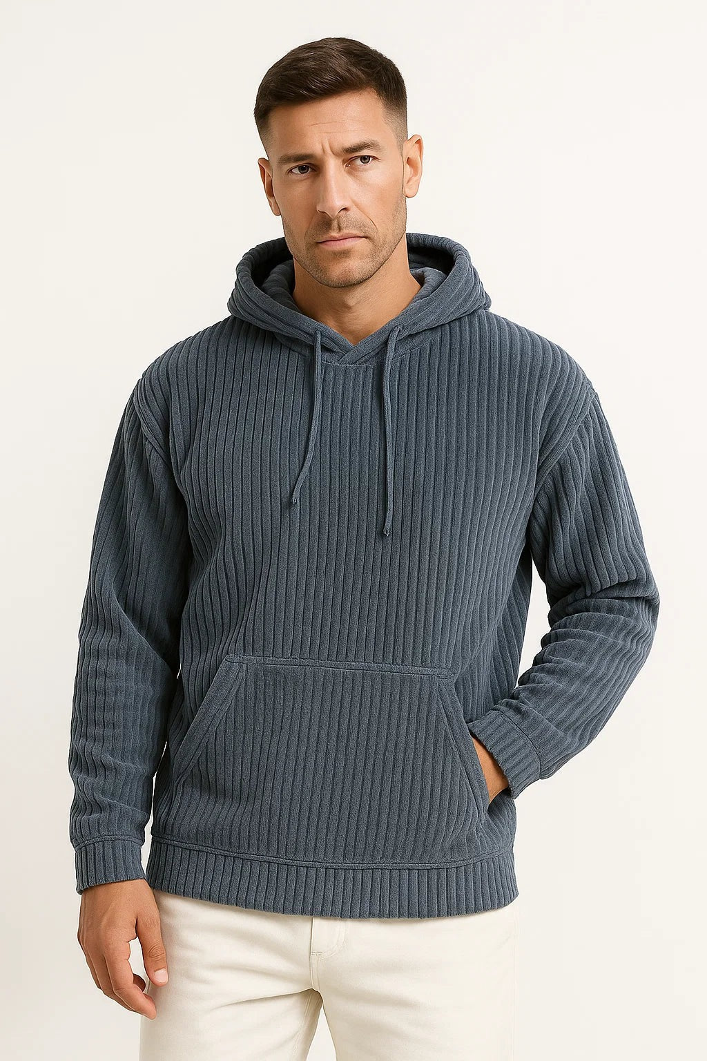 Men's corduroy hoodie in dark blue, worn, front view