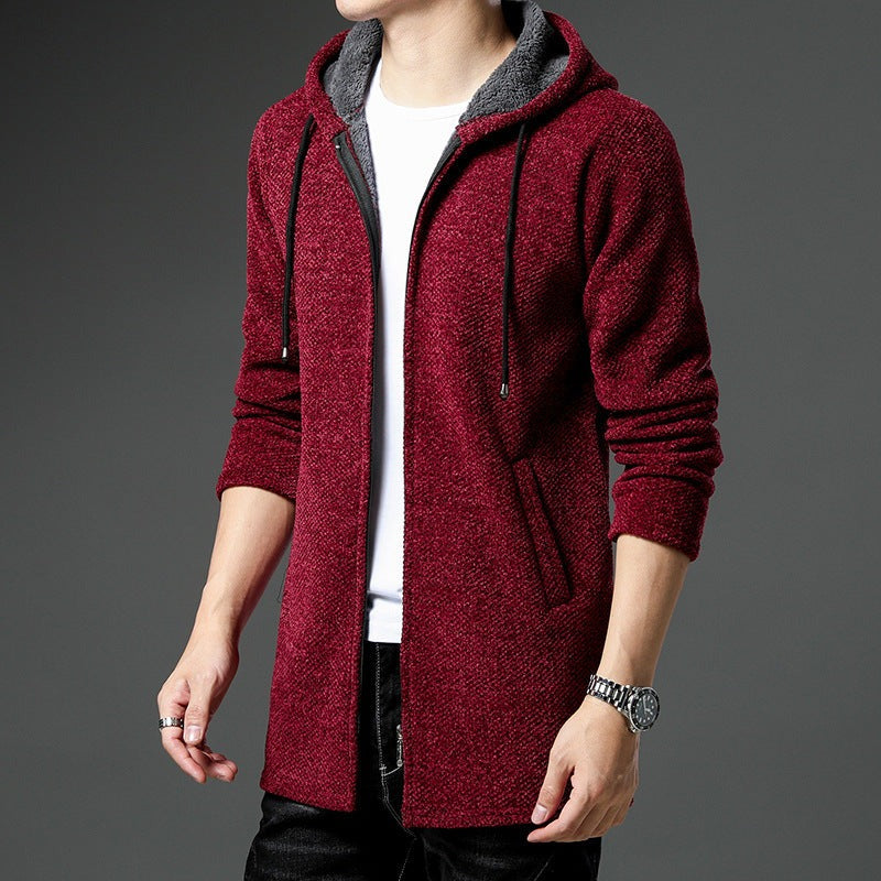 Men's knitted longline hooded cardigan in wine red, worn, front view
