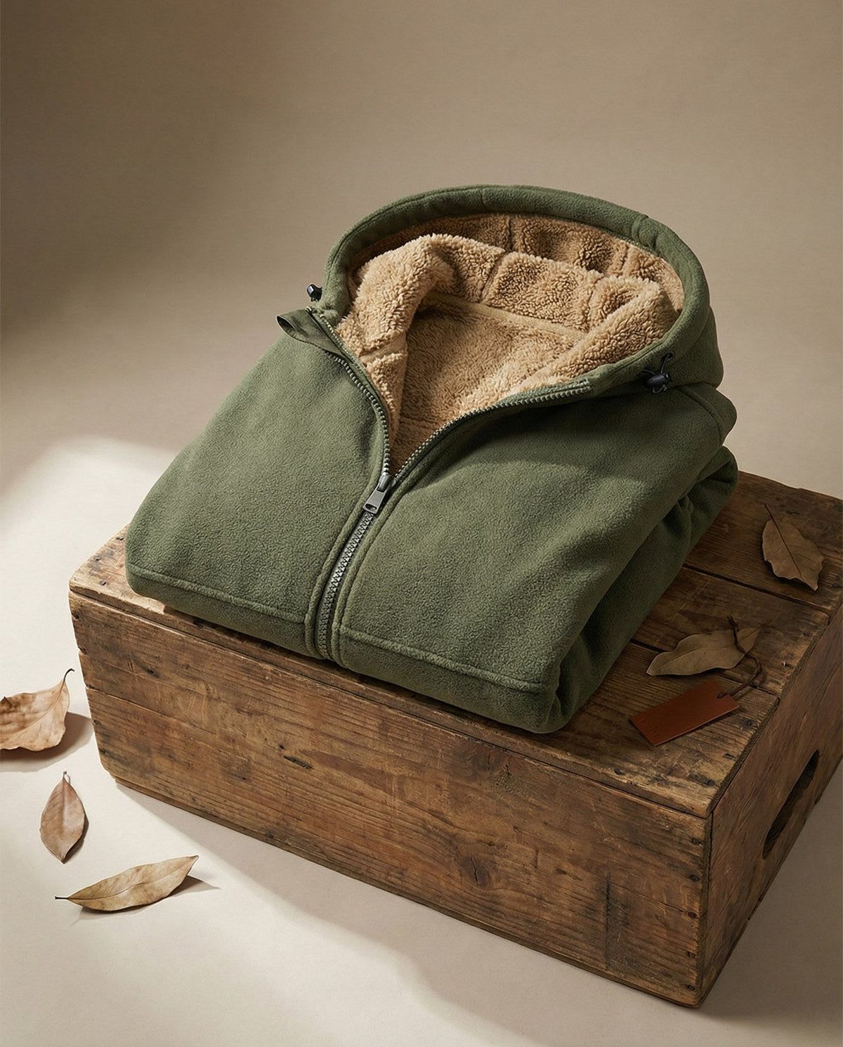 Men's sherpa-lined zip-up fleece in army green, folded