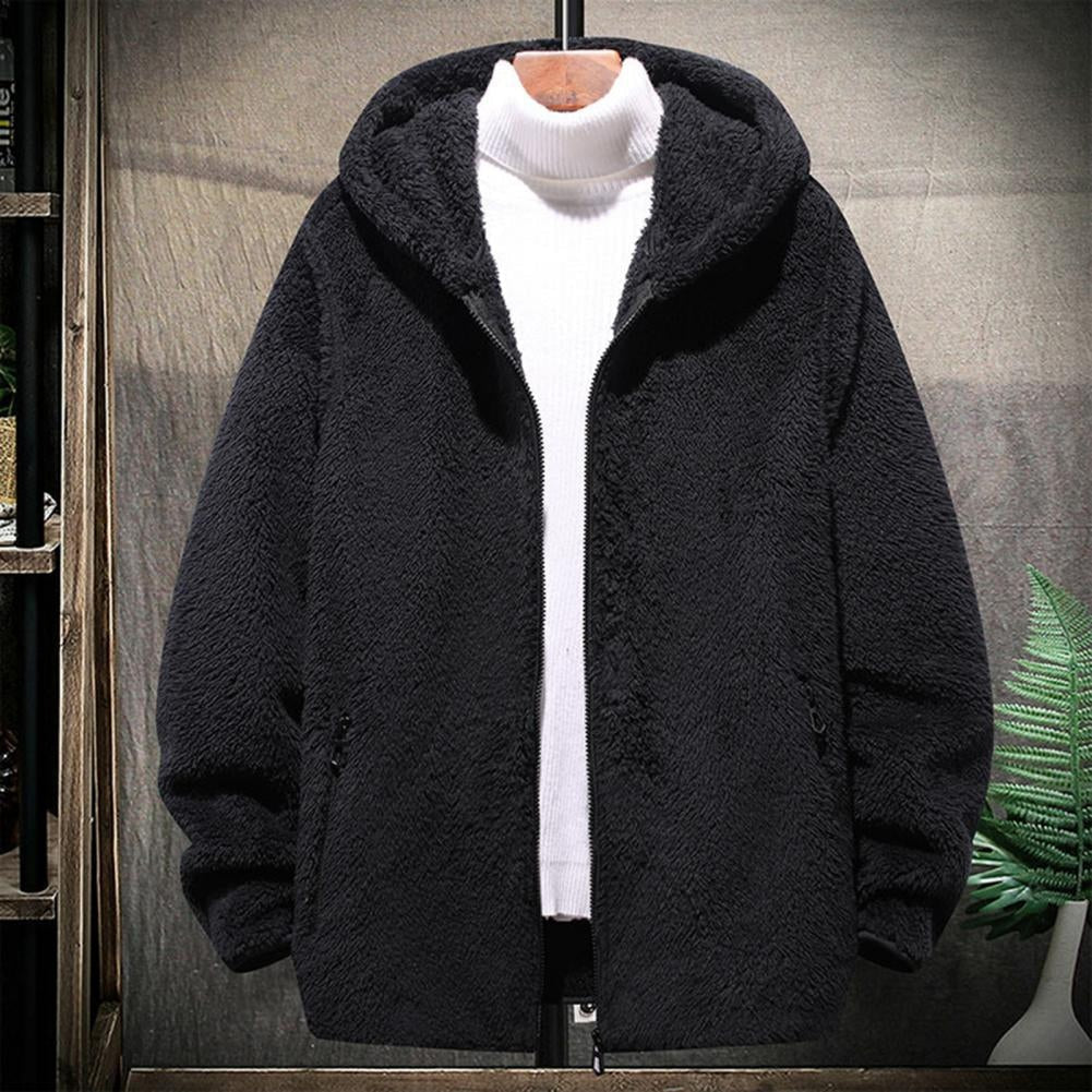 Men's hooded borg jacket in black, on a hanger, front view