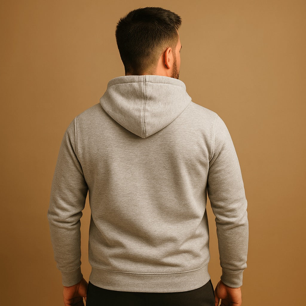 Men's classic drawstring hoodie in light grey, worn, back view