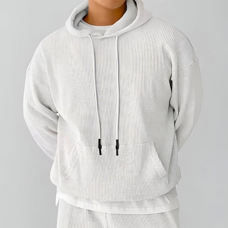 Men's ribbed oversized hoodie in white, worn, front view