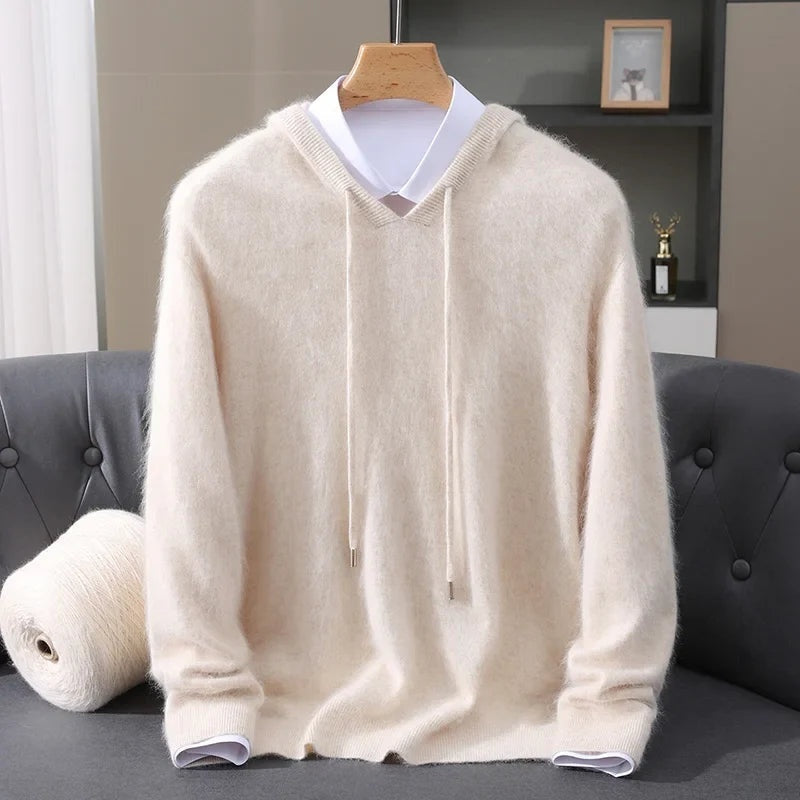 Men's lightweight knit hoodie in beige, on a hanger, front view
