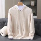 Men's lightweight knit hoodie in beige, on a hanger, front view