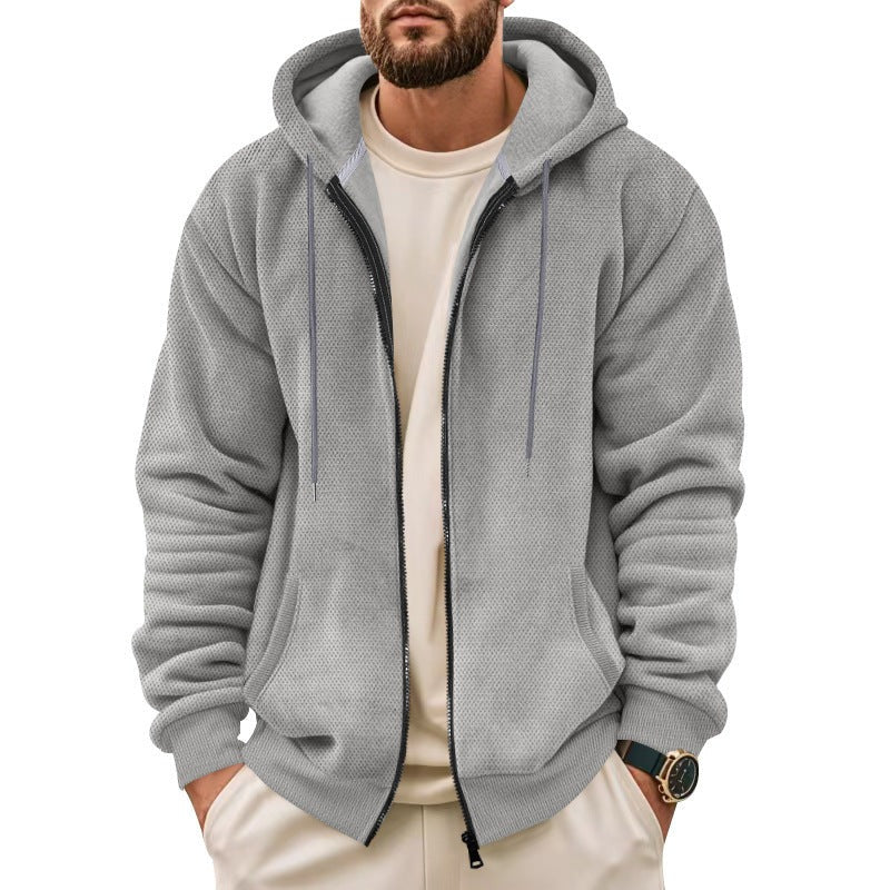 Men's waffle zip hoodie in grey, worn, front view