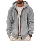 Men's waffle zip hoodie in grey, worn, front view