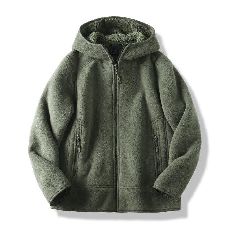 Men's sherpa-lined fleece jacket with hood in olive green, front view