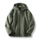 Men's sherpa-lined fleece jacket with hood in olive green, front view