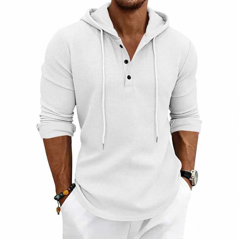 Men's waffle henley hoodie in white, worn, front view