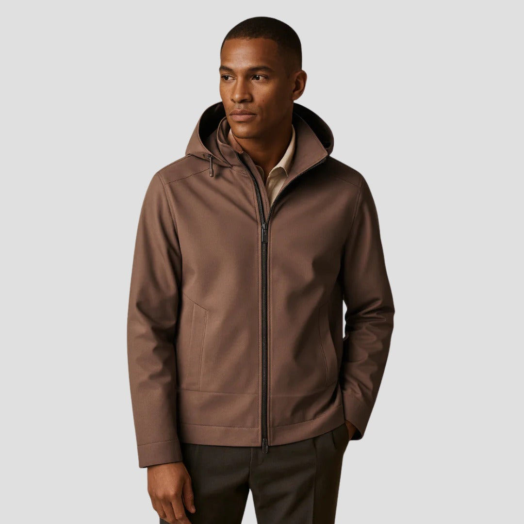 Men's hooded zip jacket in brown, worn, front view