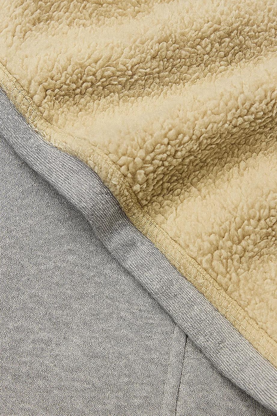 Men's sherpa-lined zip-up hoodie in grey, close-up of the sherpa lining