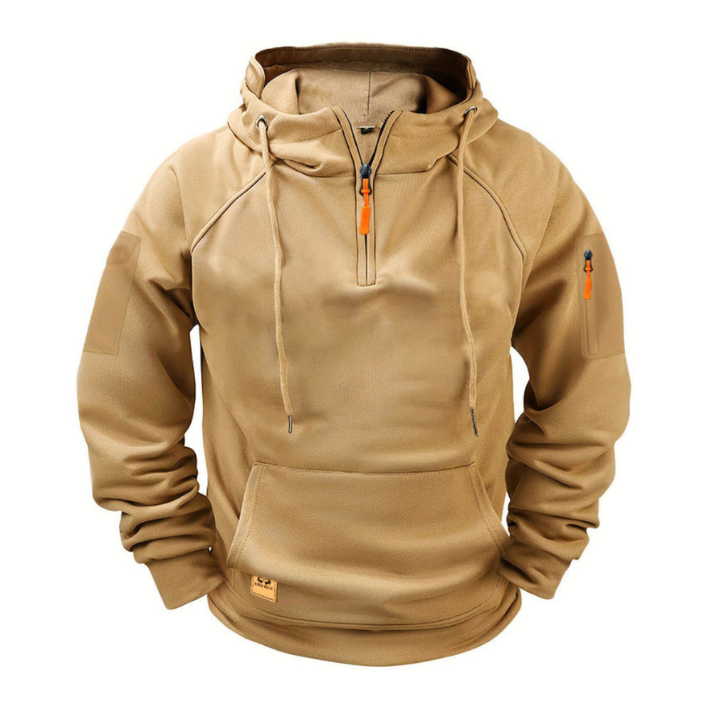 Camel half-zip hoodie with drawcords and an orange zip pull | Chaps London