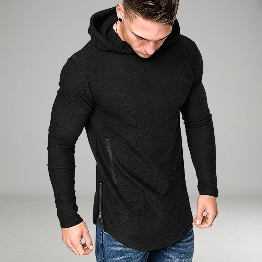Men's slim-fit gym hoodie in black, worn, front view