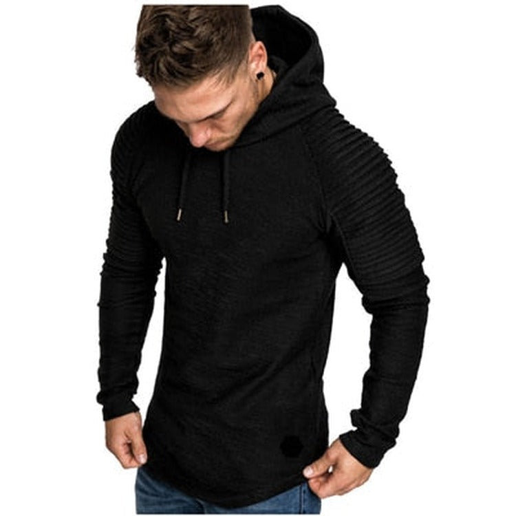 Men's slim-fit hoodie with ribbed sleeves in black, worn, front view