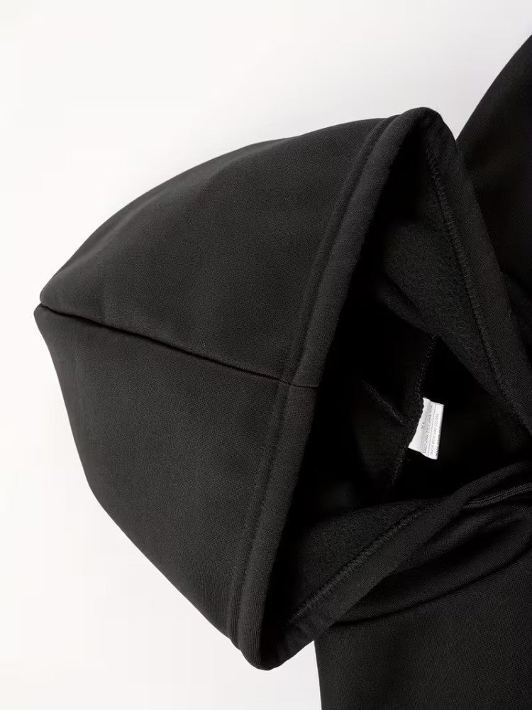 Men's soft-lined winter hoodie in black, close-up of the hood