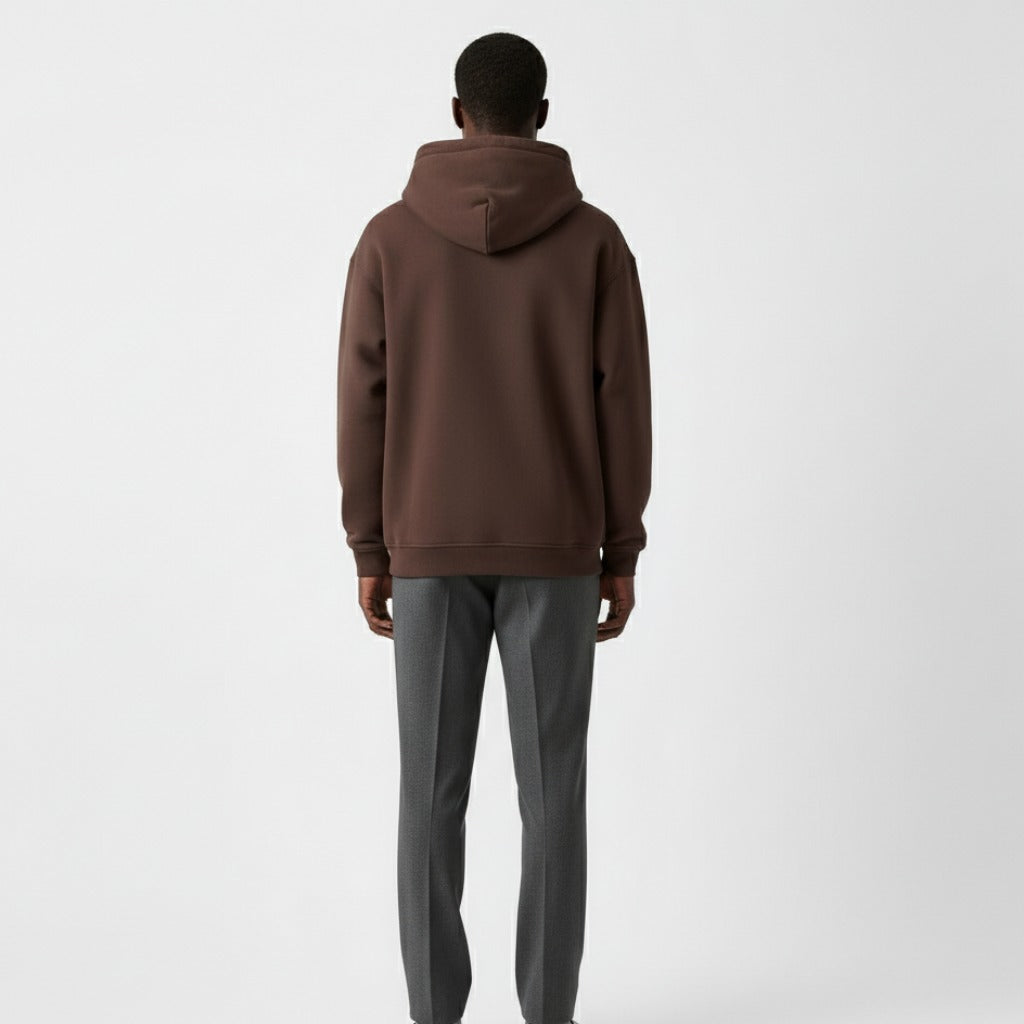Men's heavyweight hoodie in dark brown, worn, back view