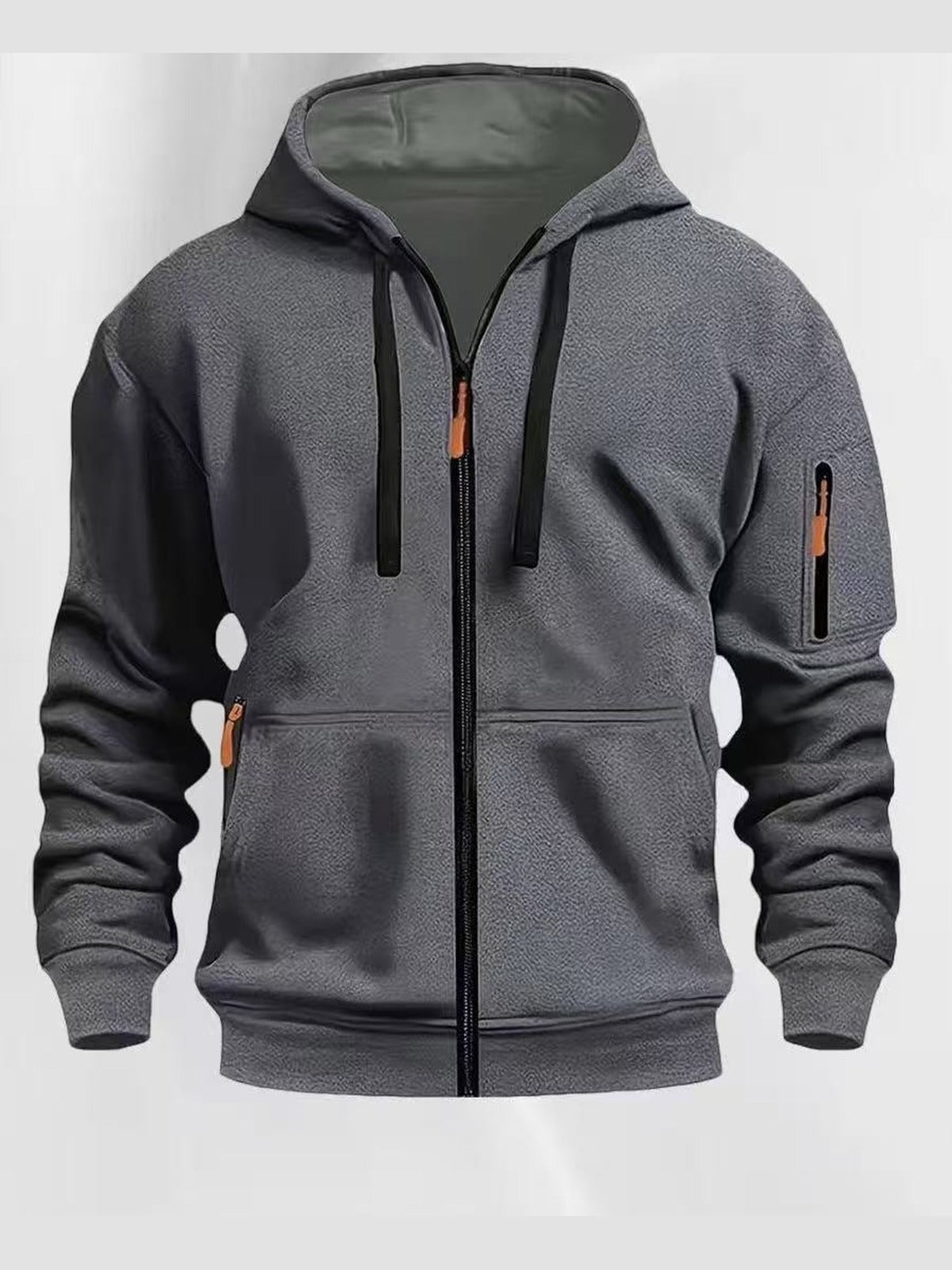 Men's full-zip hoodie with a sleeve pocket in dark grey, front view