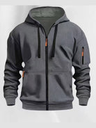 Men's full-zip hoodie with a sleeve pocket in dark grey, front view