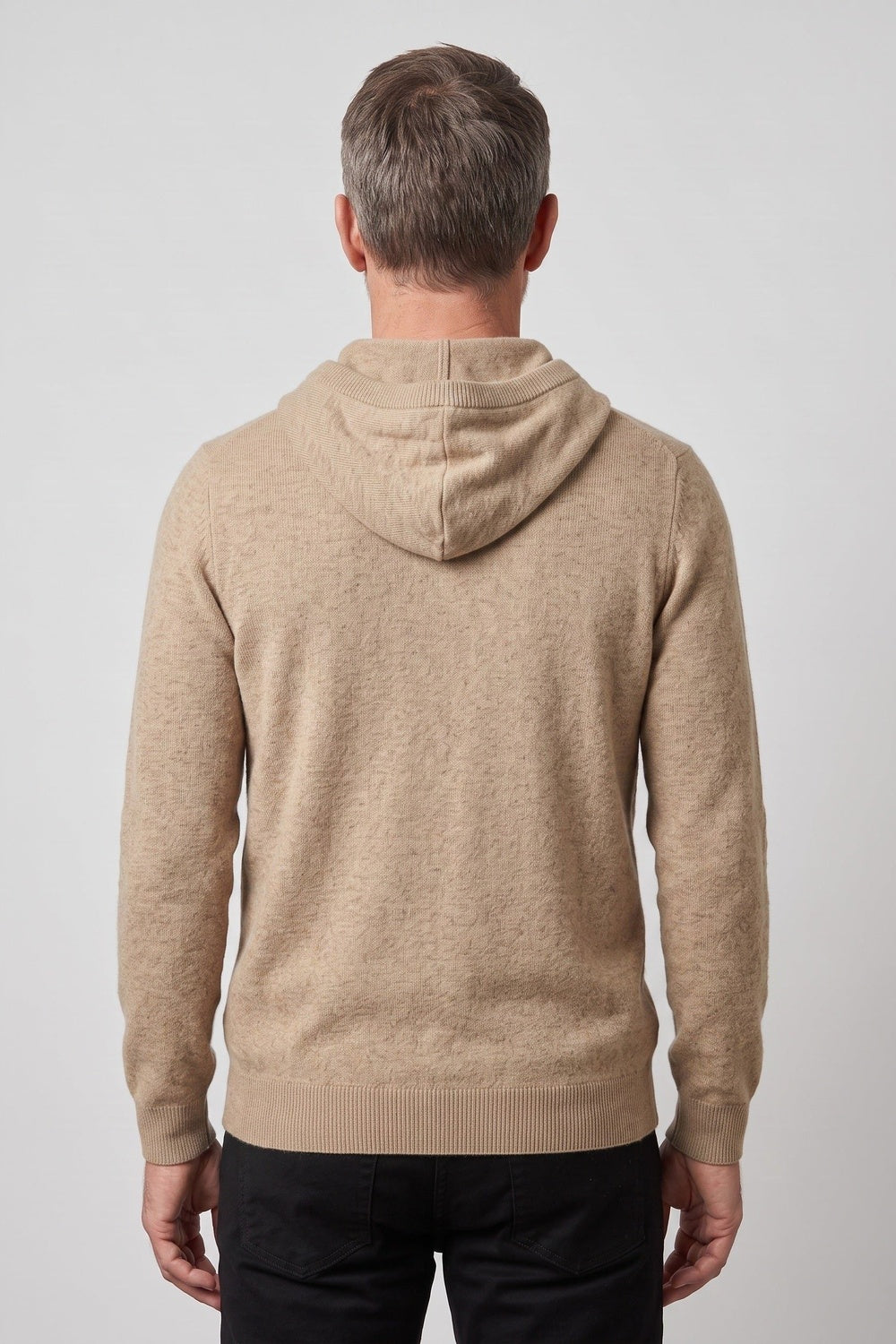 Men's knitted hooded jumper in beige, worn, back view