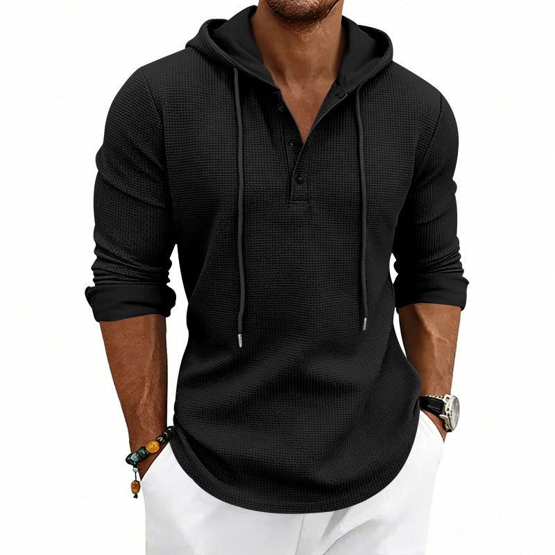 Men's waffle henley hoodie in black, worn, front view
