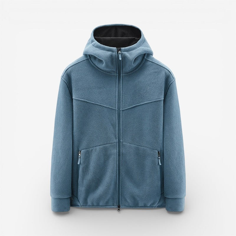Men's hooded fleece zip jacket in blue, front view