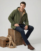 Men's sherpa-lined zip-up fleece in army green, worn, front view