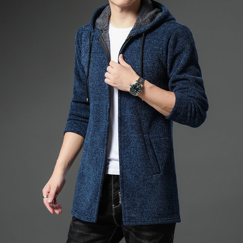 Men's knitted longline hooded cardigan in blue, worn, front view