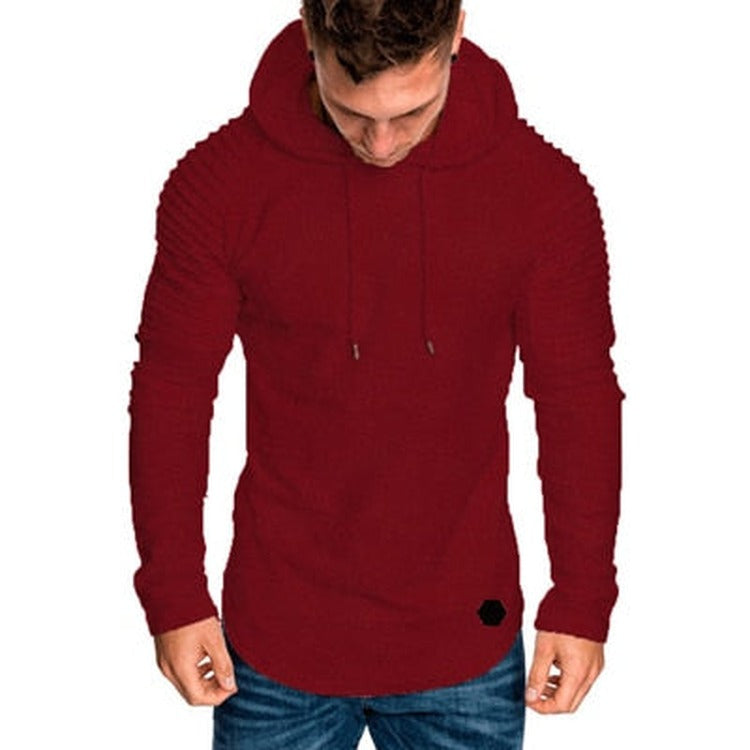 Men's slim-fit hoodie with ribbed sleeves in red, worn, front view