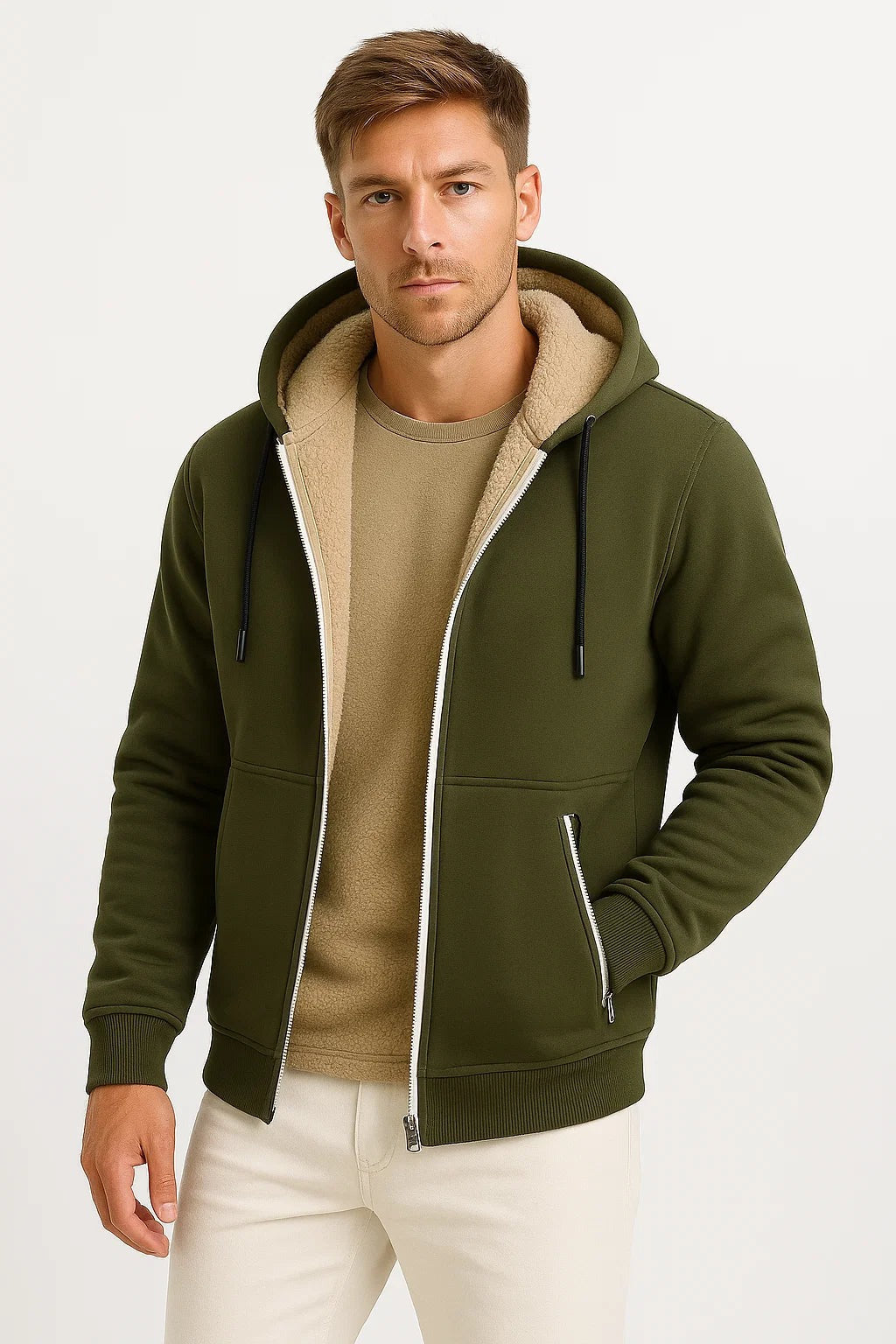 Men's sherpa-lined zip-up hoodie in army green, worn, front view